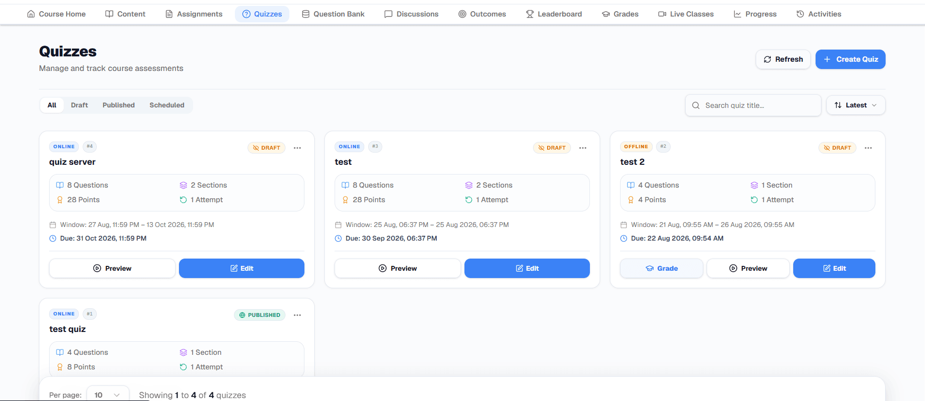 Knowledge Setu quiz management screen showing draft and published quizzes